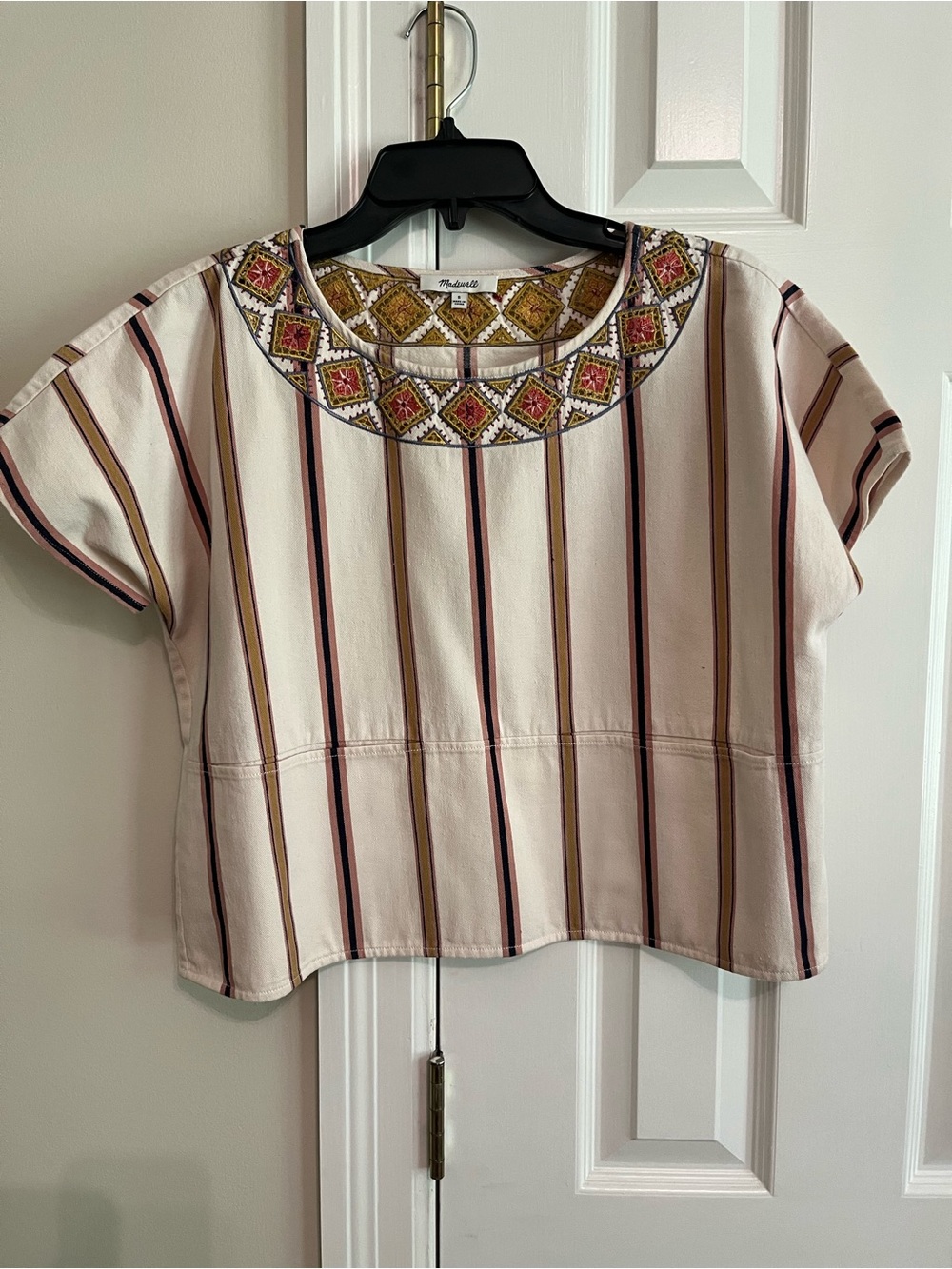 Madewell Ivory Striped Canvas Embroidered Yoke Top
